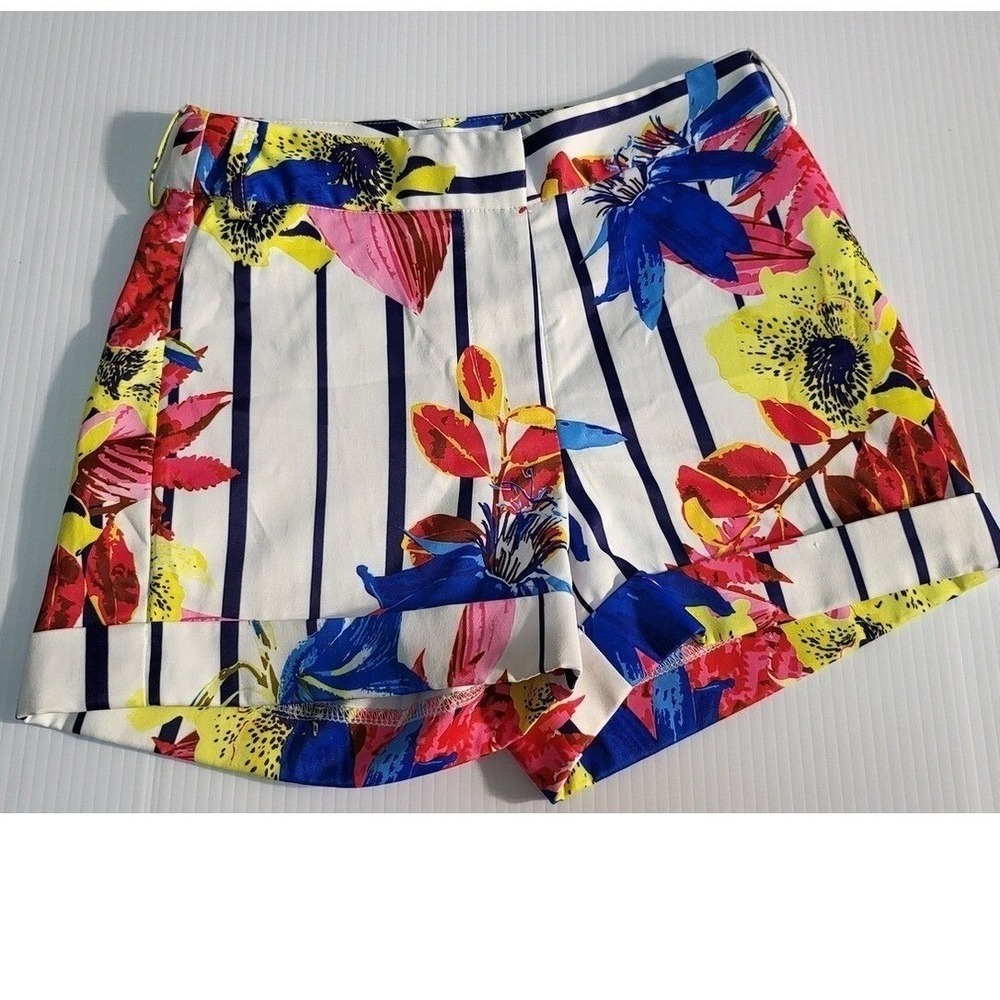 Ovi Womens Floral Striped Cuffed Shorts White Navy Blue Yellow Pink Size S - Picture 2 of 7